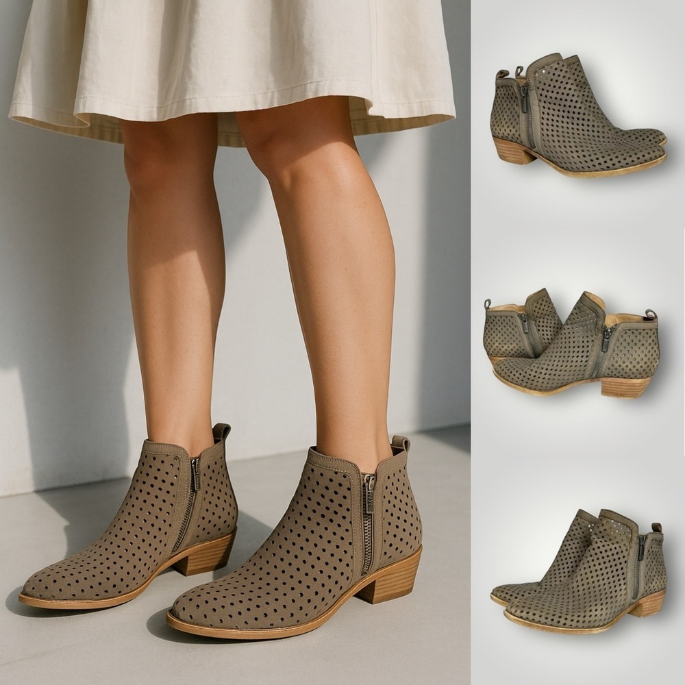 Lucky Brand Basel3 Ankle Boots Size 8 Nubuck Suede Perforated Gray Side Zips